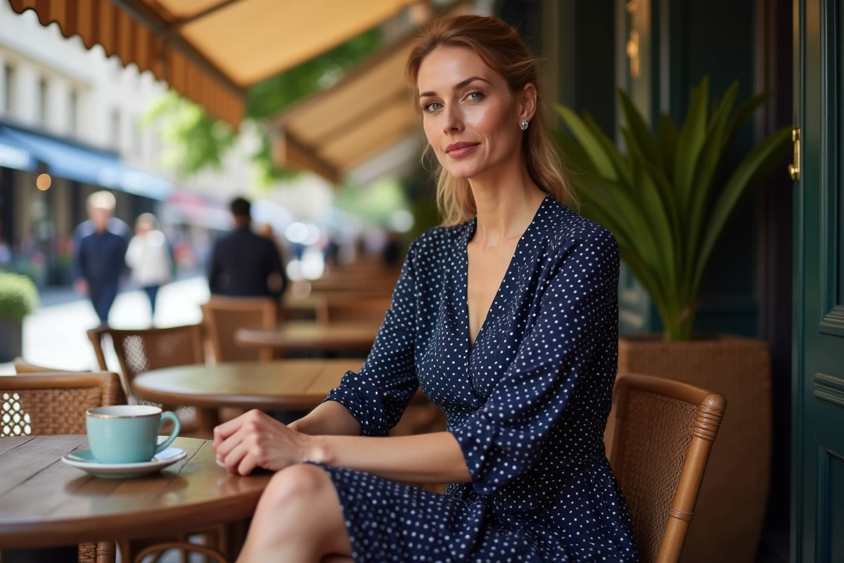 Femme d'une quarantaine d'années en robe portefeuille en coton marine à pois blancs assise en terrasse de café
