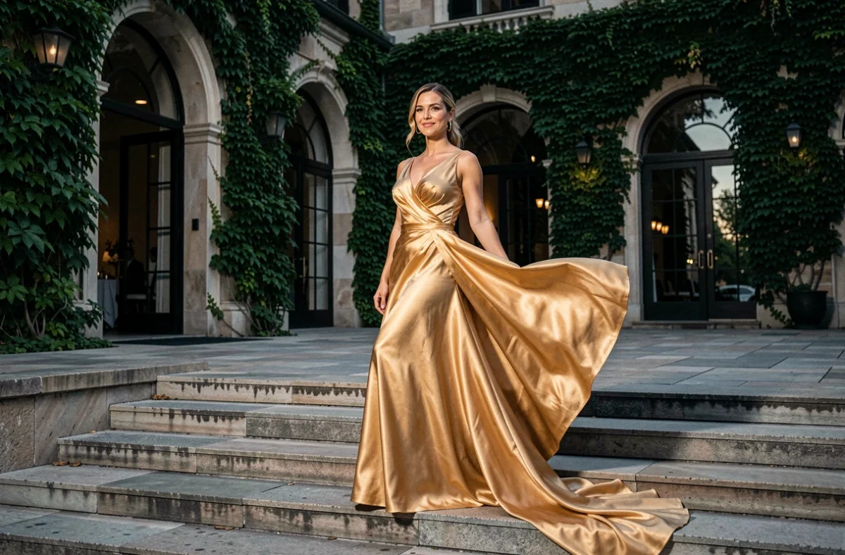 Femme en longue robe de soirée dorée satiné sur les marches d'un lieu de réception élégant au crépuscule, robe fluide avec traîne