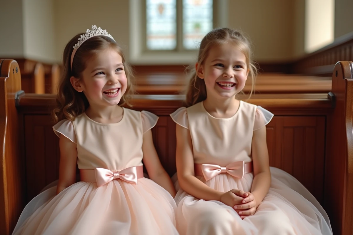 Deux fillettes en robes de cérémonie rose poudré en tulle assises sur des marches d'église en bois, riant naturellement
