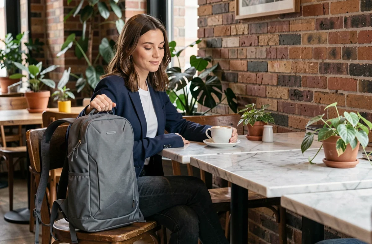 Femme posant son sac à dos ultra léger ergonomique gris dans un café urbain tendance