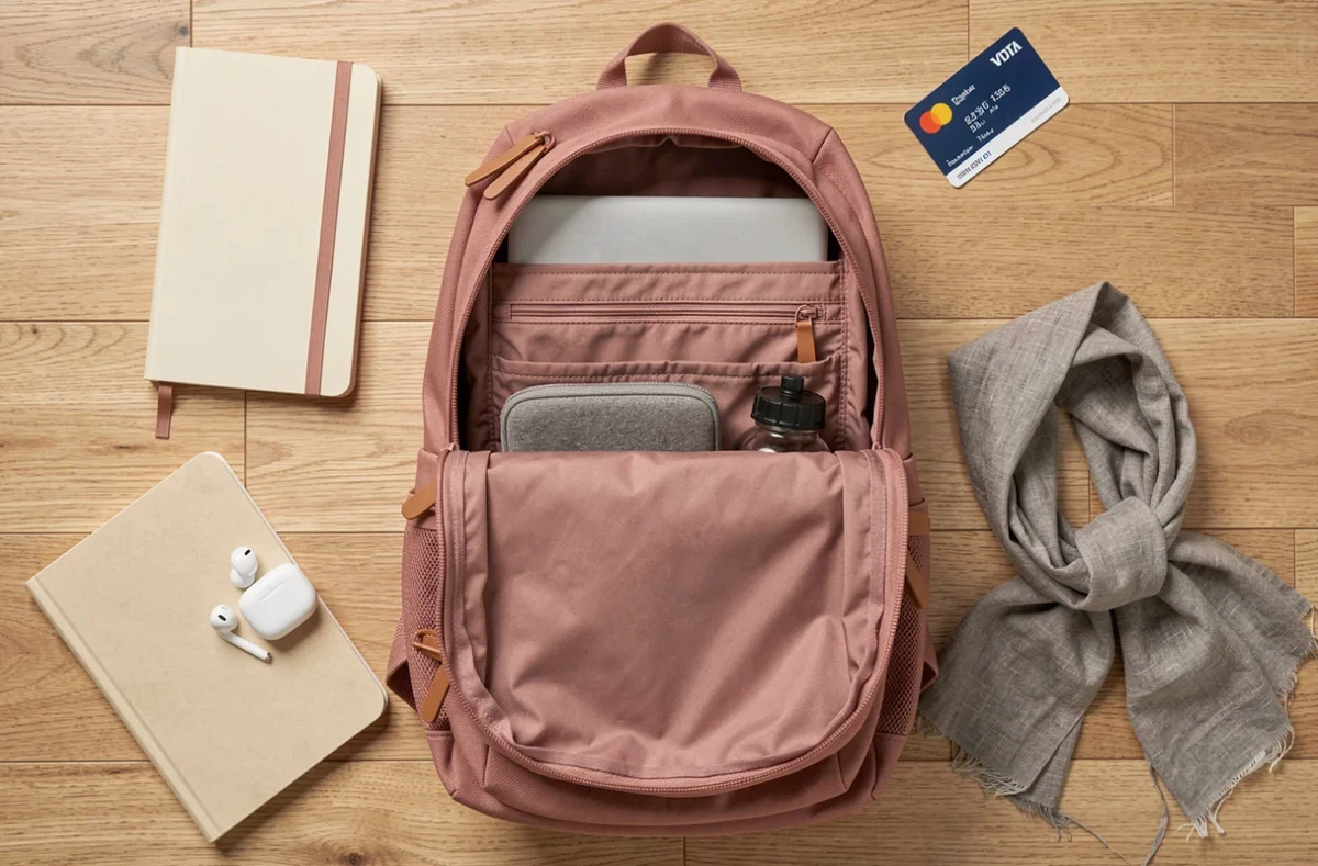 Flatlay d'un sac à dos ville ultra léger rose ouvert montrant ses compartiments ergonomiques et accessoires du quotidien