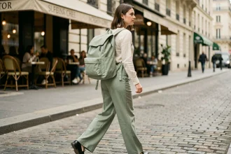 Femme portant un sac à dos ville ultra léger vert sauge dans une rue parisienne, alliant style et ergonomie