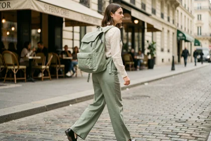 Femme portant un sac à dos ville ultra léger vert sauge dans une rue parisienne, alliant style et ergonomie