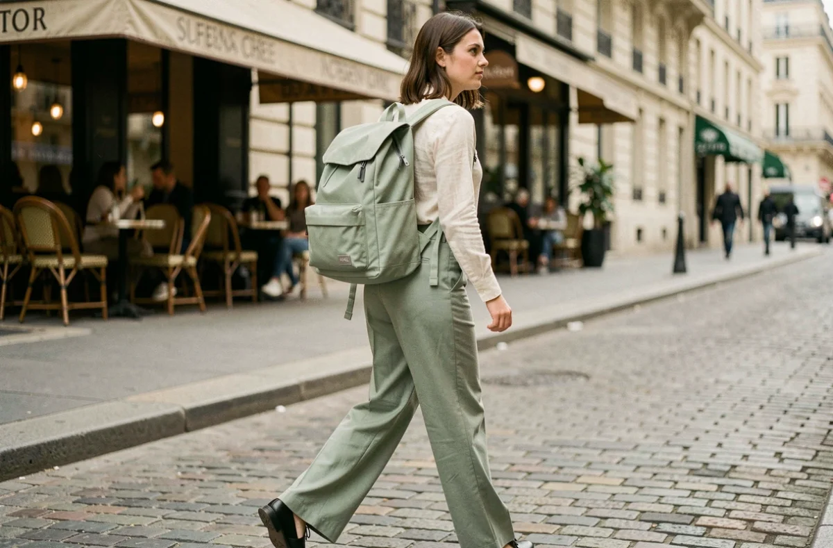 Femme portant un sac à dos ville ultra léger vert sauge dans une rue parisienne, alliant style et ergonomie