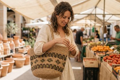 Femme tenant un grand sac en raphia naturel tressé dans un marché méditerranéen en été