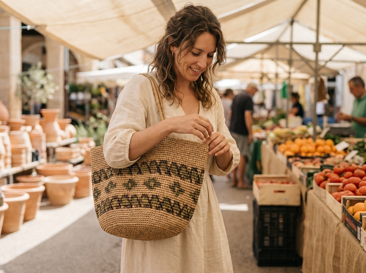 Femme tenant un grand sac en raphia naturel tressé dans un marché méditerranéen en été