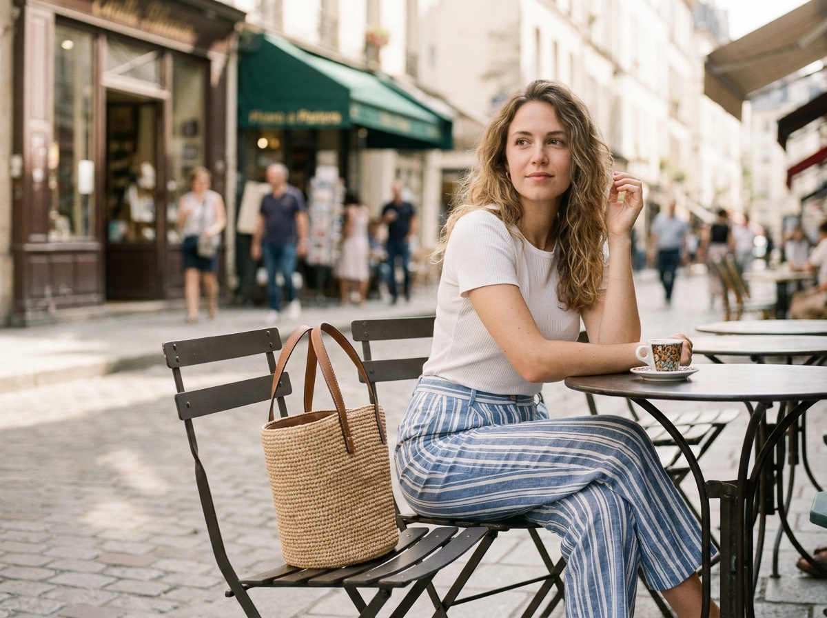 Jeune femme assise en terrasse de café avec un sac seau en raphia structuré posé sur une chaise de bistrot