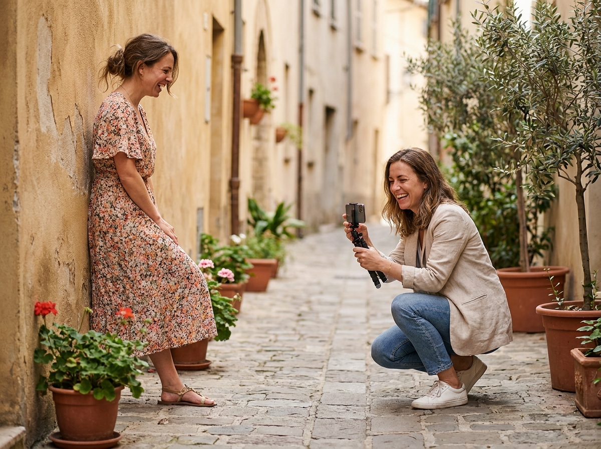 Deux femmes réalisant un shooting de mode pour Instagram dans une ruelle pavée européenne