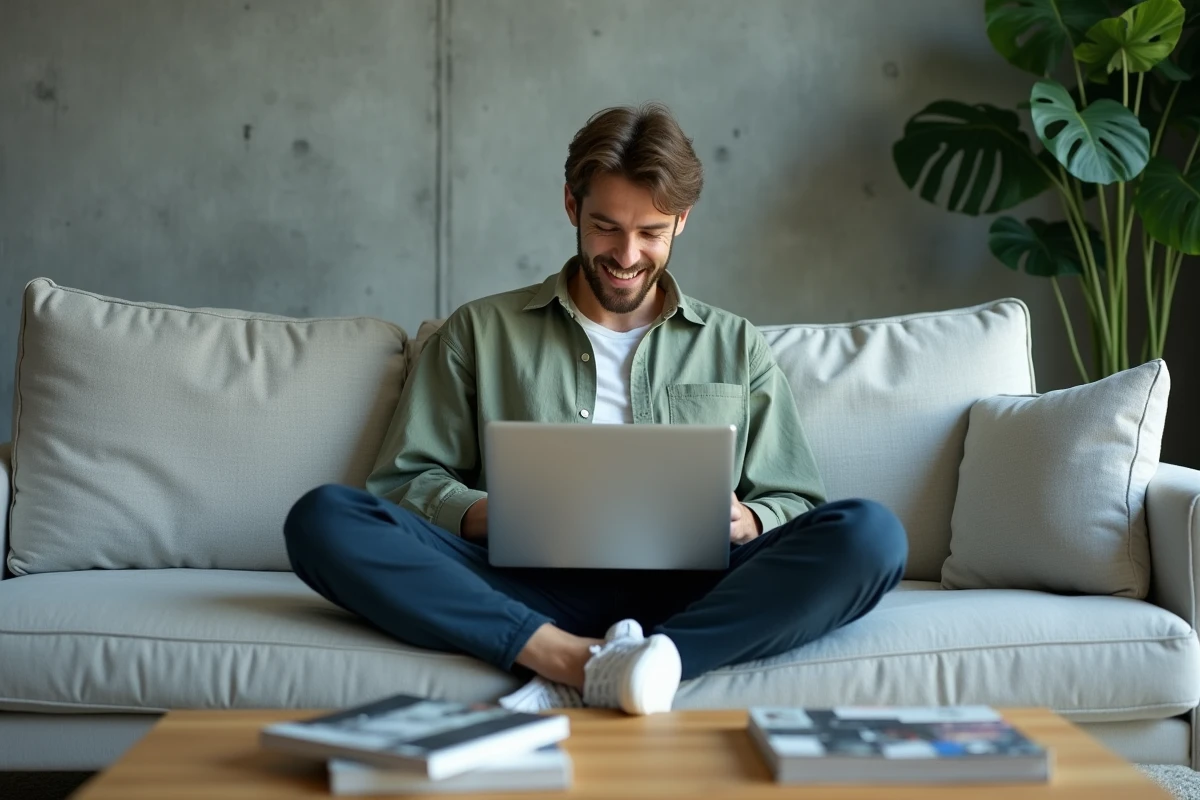 Homme qui recherche des vêtements tendance 2026 pas chers sur une application de mode depuis son salon