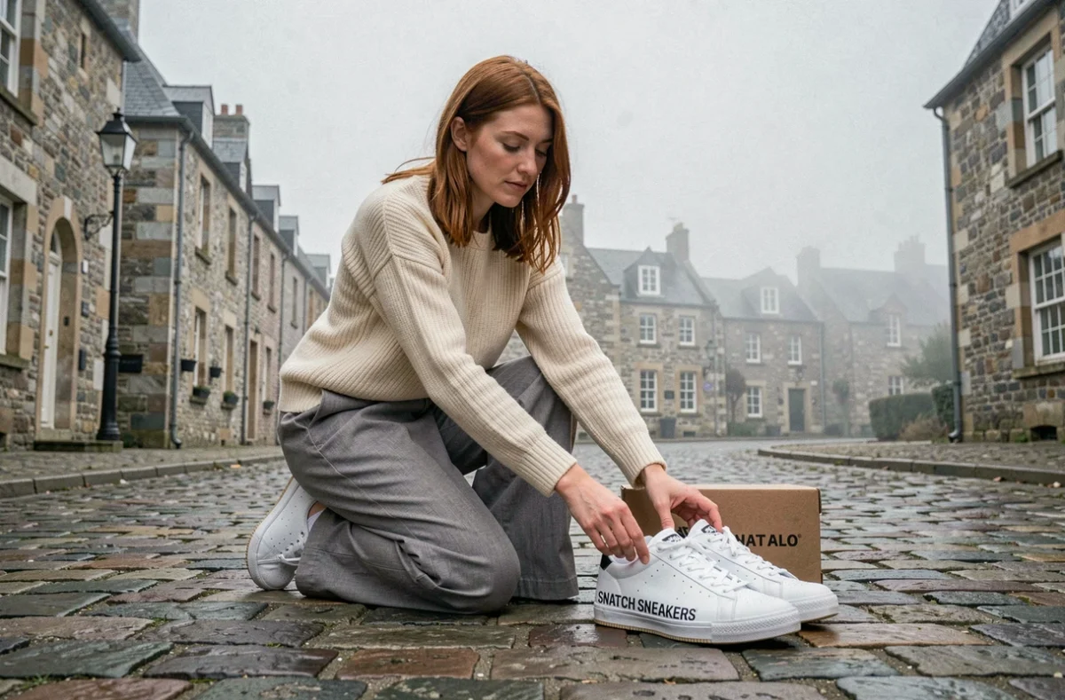 Jeune femme posant avec des sneakers Snatch sur les pavés historiques de Saint-Malo en Bretagne