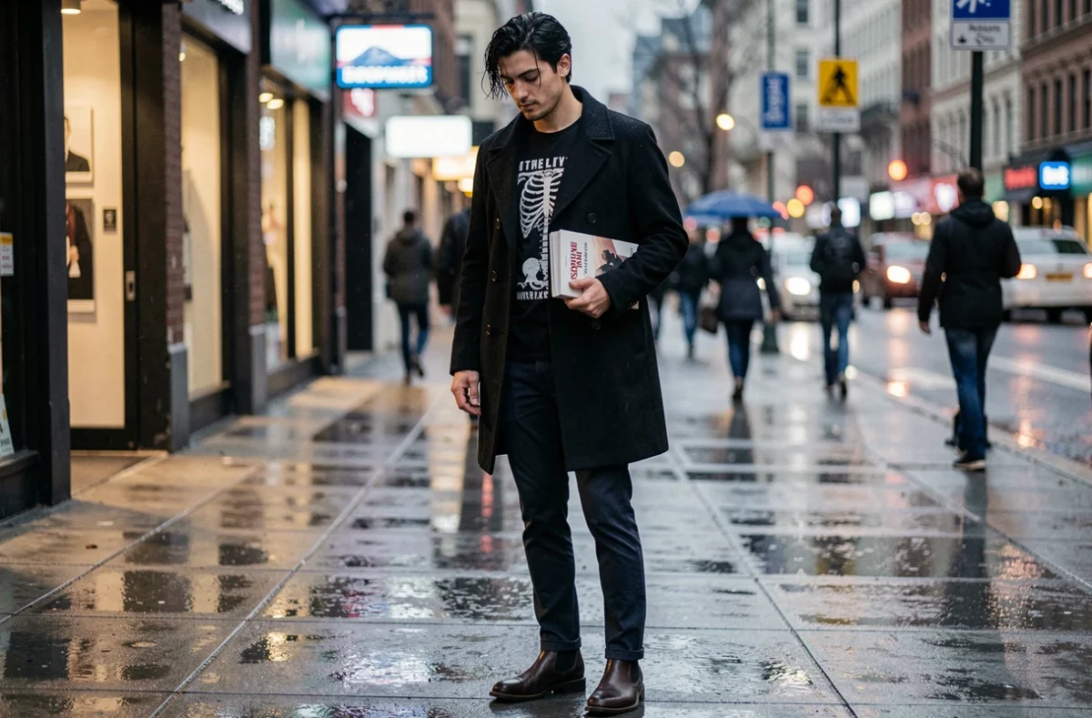 Jeune homme emo en manteau noir et chelsea boots sous la pluie en ville, coupe de cheveux longue dégradée et t-shirt graphique squelette