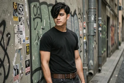 Jeune homme style emo en t-shirt de groupe noir et jean slim, posant devant un mur urbain grafé avec eyeliner et coupe à frange asymétrique