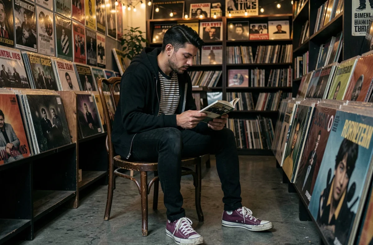 Homme emo assis dans un magasin de disques vintage portant un hoodie noir et Converse, entouré de pochettes de vinyles et d'affiches de groupes