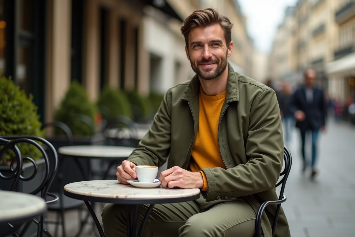 Homme élégant en veste gabardine vintage années 60 et polo côtelé contemporain attablé à une terrasse de café parisienne