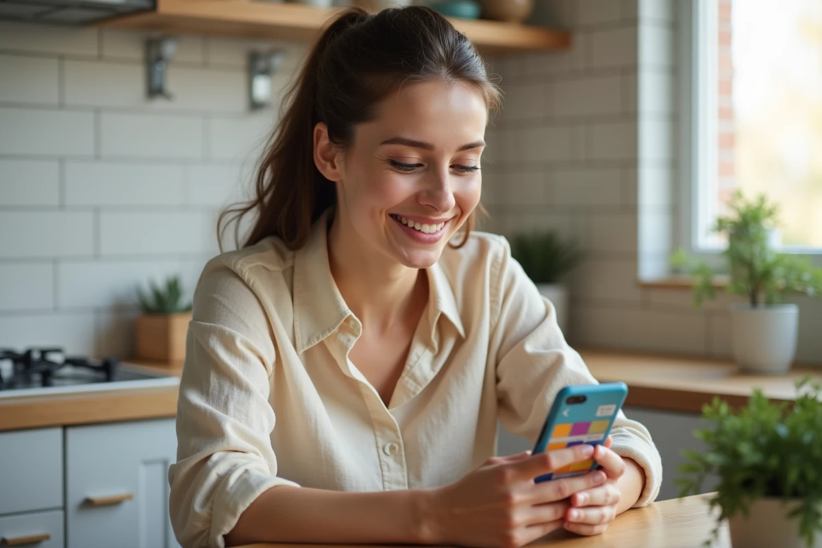 Jeune femme consultant une application de suivi de colis Shein sur son smartphone dans une cuisine moderne