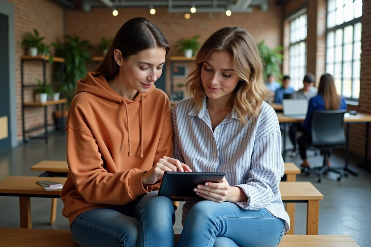 Deux femmes comparant des applications de suivi de colis Shein sur une tablette dans un espace de coworking