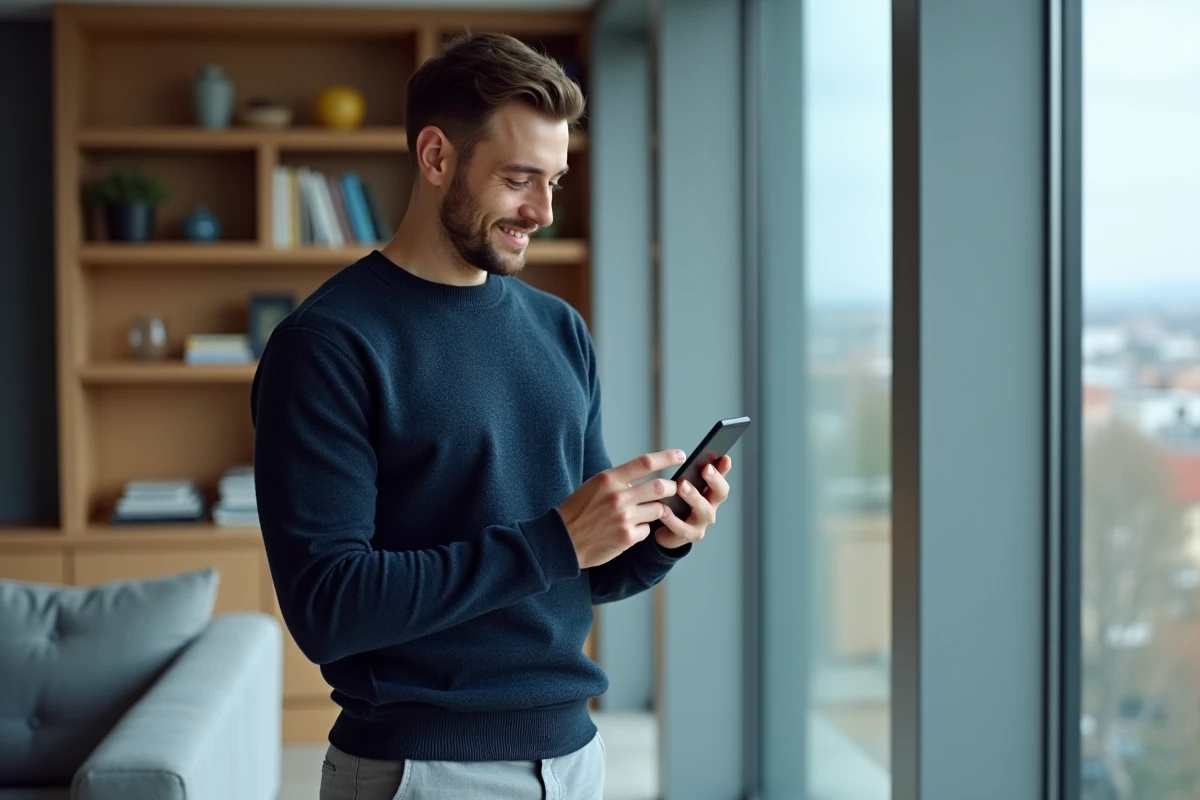 Homme consultant les notifications de suivi de colis Shein sur mobile dans un appartement moderne en ville