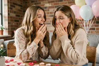 Deux amies partageant une surprise d'anniversaire avec une bague amitié coeur BFF dans un appartement cosy décoré de ballons et de pétales de rose