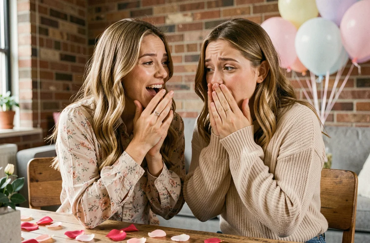 Deux amies partageant une surprise d'anniversaire avec une bague amitié coeur BFF dans un appartement cosy décoré de ballons et de pétales de rose