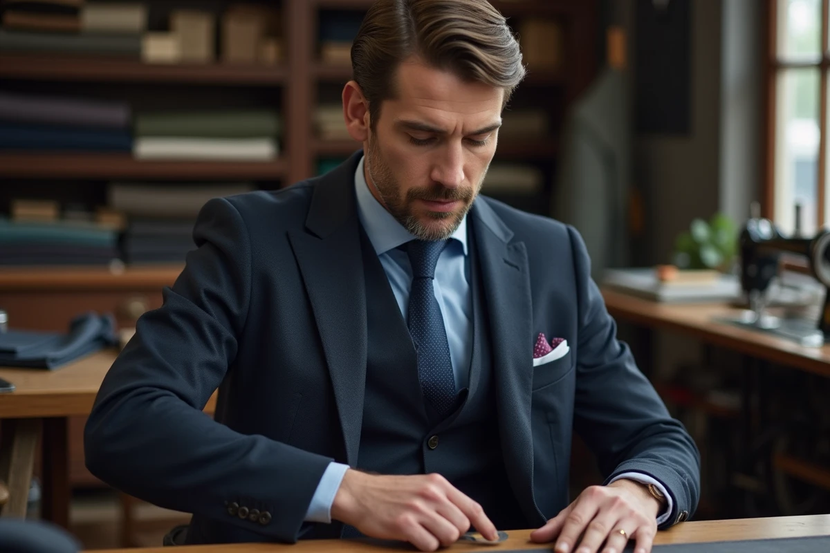 Tailleur ouvrant une poche cousue sur une veste de costume marine dans un atelier de couture