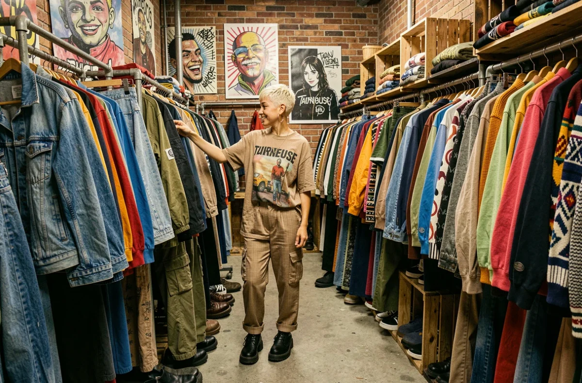 Intérieur de Taurus Clothing à Freneuse, friperie vintage et streetwear avec une cliente parcourant les vêtements