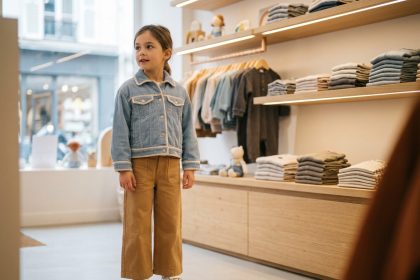 Jeune fille portant une veste en velours côtelé pastel et un pantalon large camel dans une boutique de mode enfantine moderne