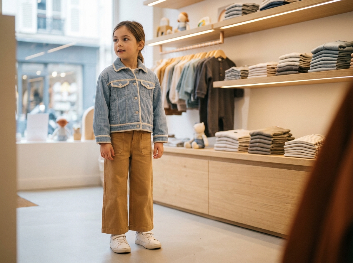 Jeune fille portant une veste en velours côtelé pastel et un pantalon large camel dans une boutique de mode enfantine moderne