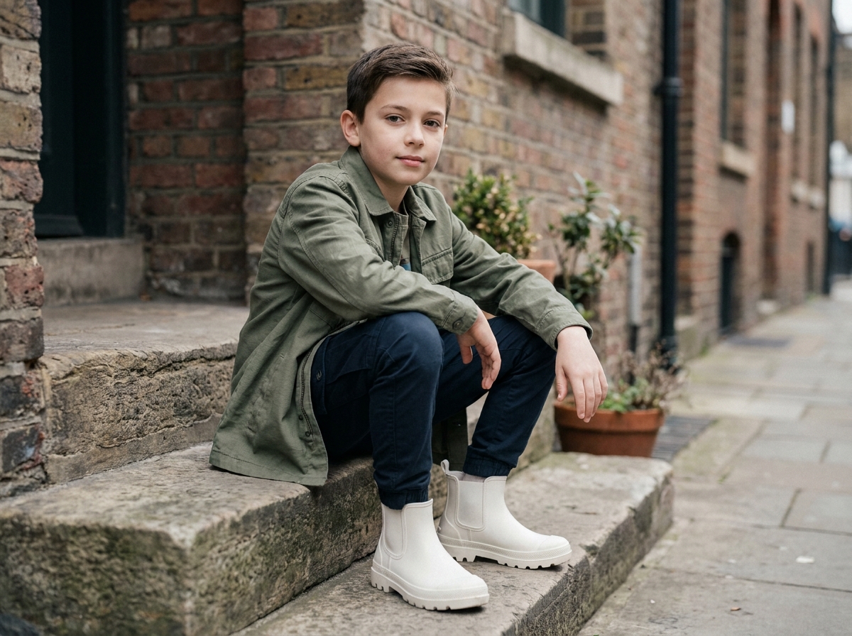 Garçon en veste utilitaire olive et cargo slim marine assis sur des marches en pierre dans un cadre urbain pour la mode enfantine automne-hiver