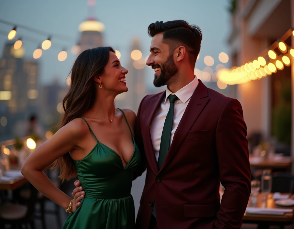Couple en tenue color&eacute;e &eacute;l&eacute;gante pour f&ecirc;ter le jour de l'an sur un rooftop urbain