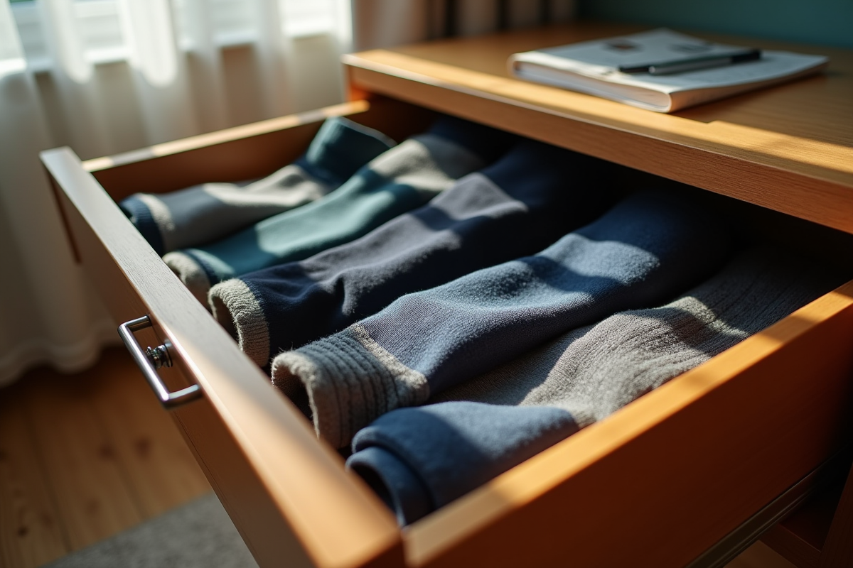 Tiroir ouvert avec chaussettes de homme pliées et roulées
