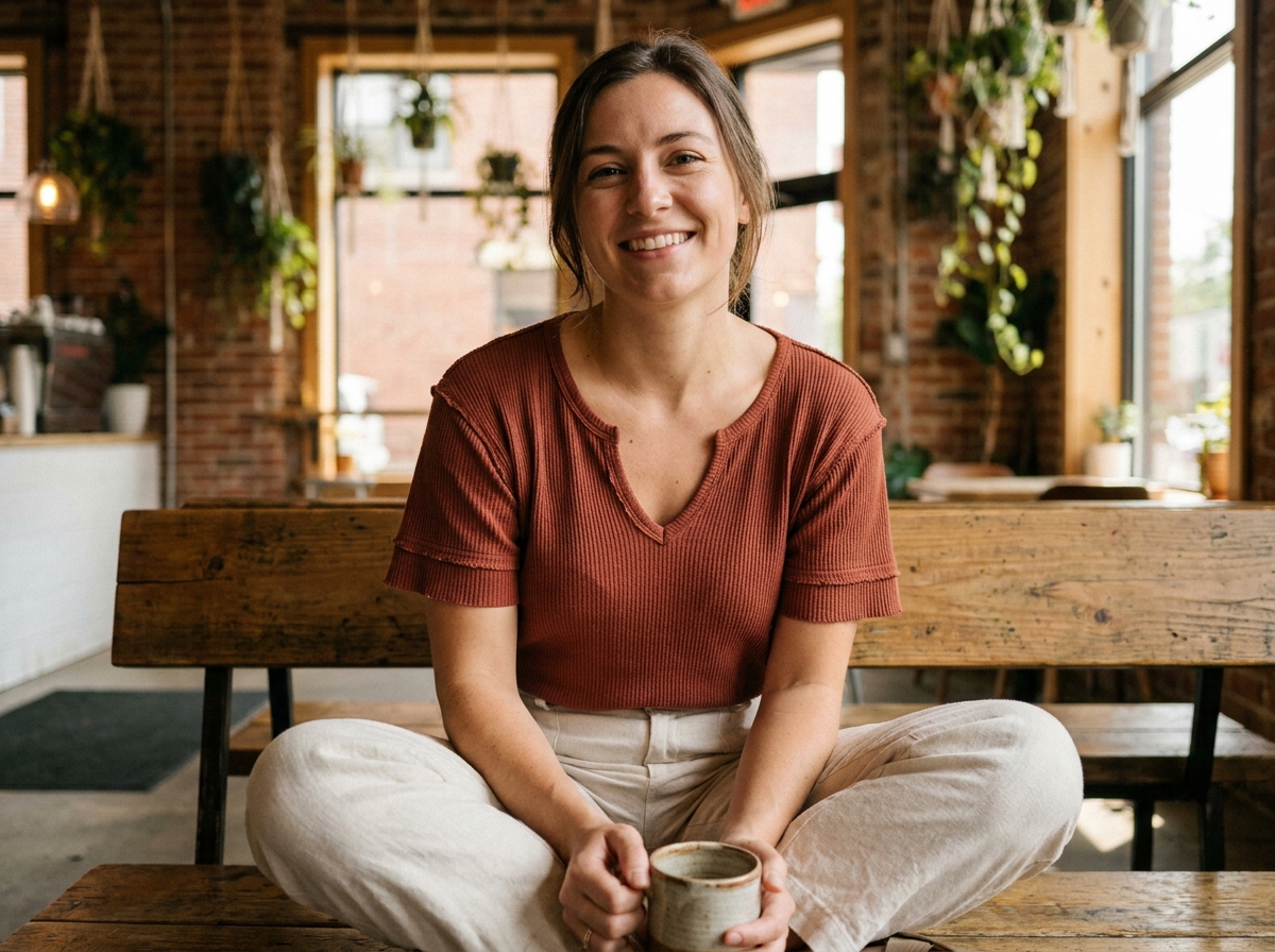 Femme assise dans un café portant un t-shirt côtelé terracotta à col V avec ourlet brut, associé à un pantalon large en lin écru