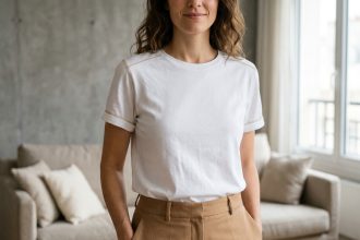 Femme portant un t-shirt blanc en coton avec surpiqûres contrastées, rentré dans un pantalon taille haute camel, style chic minimaliste