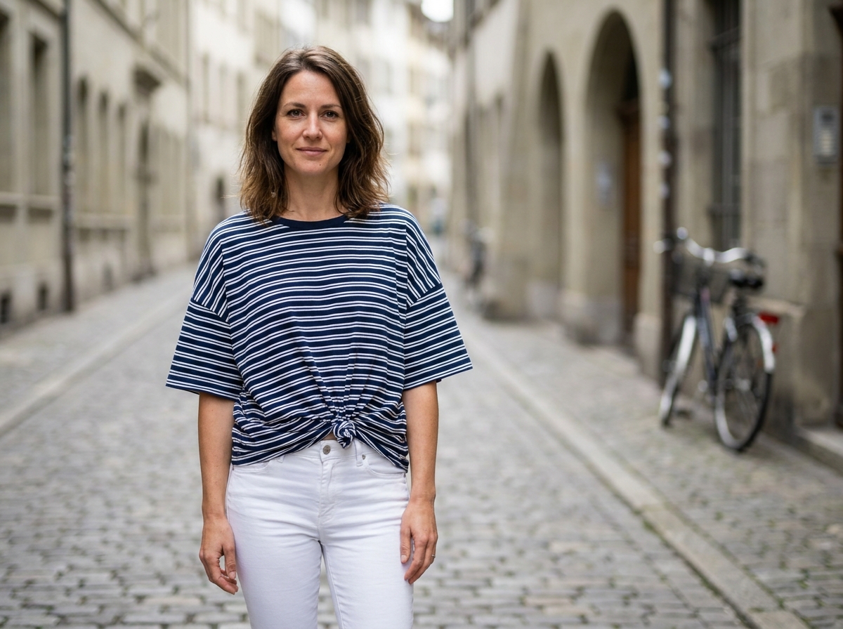 Femme en t-shirt oversize rayé marine et blanc noué à la taille avec jean slim blanc dans une rue pavée européenne