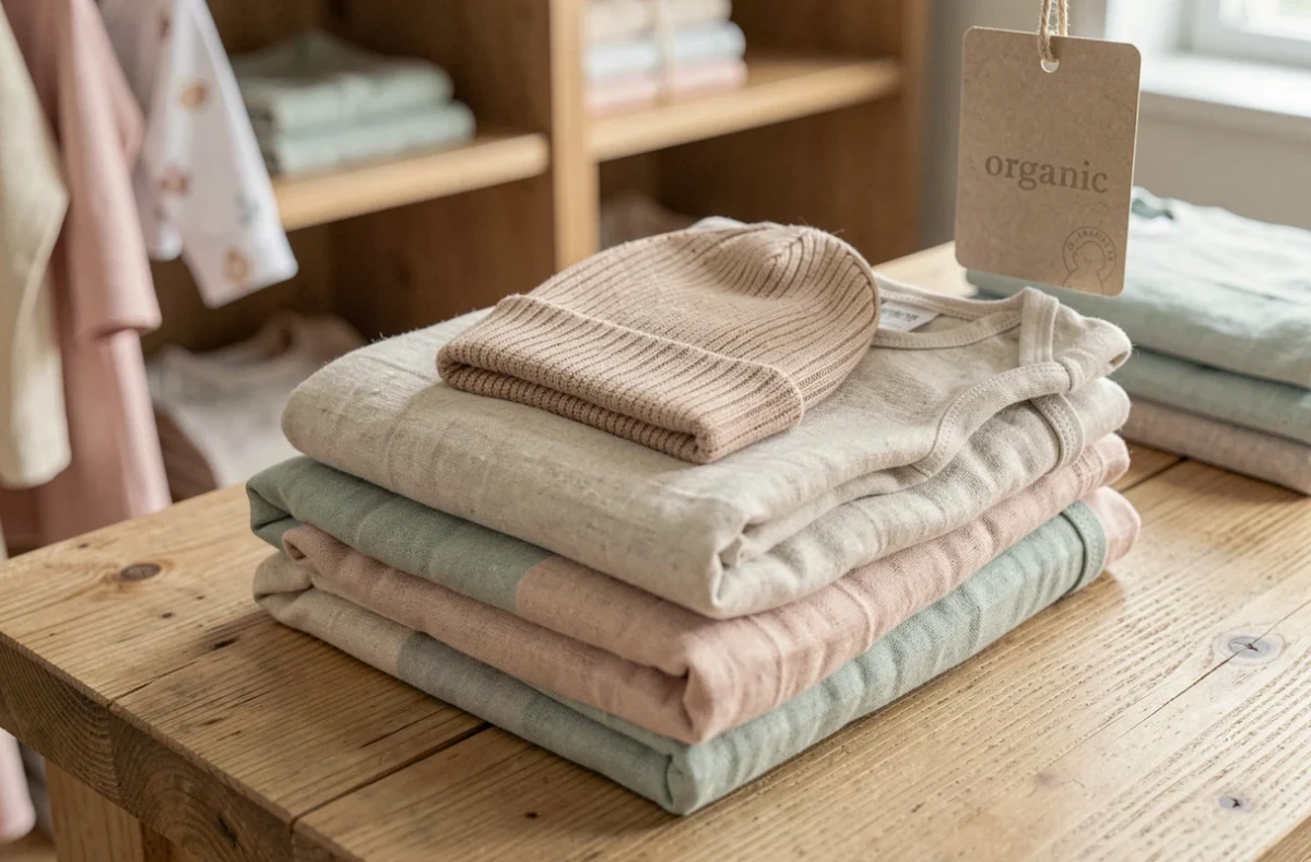 Sélection de vêtements bébé en matières naturelles et biologiques pliés sur une surface en bois, illustrant les critères de qualité pour les peaux sensibles des nourrissons