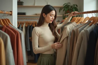 Jeune femme qui fait du shopping dans une friperie tendance pour trouver des vêtements look 2026 à petit prix