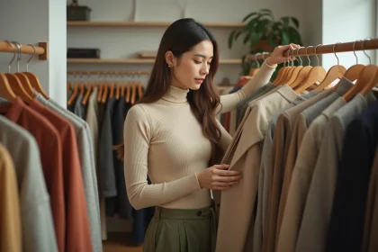 Jeune femme qui fait du shopping dans une friperie tendance pour trouver des vêtements look 2026 à petit prix