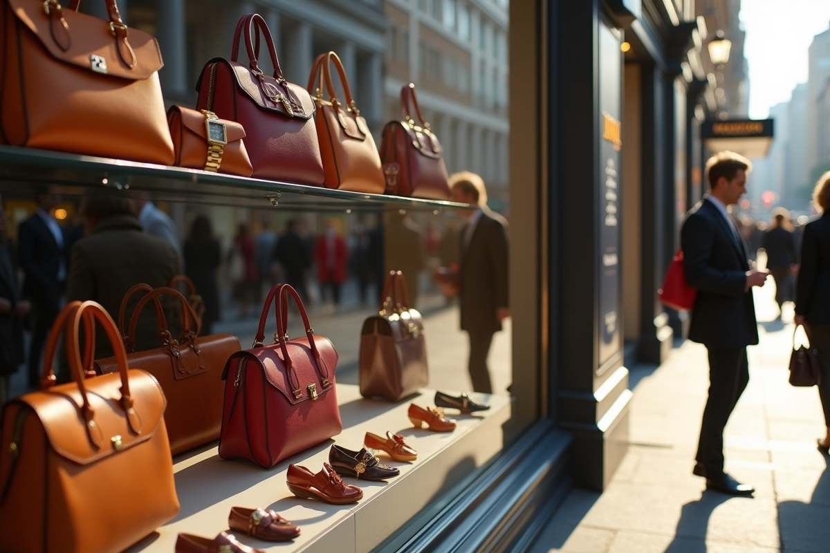 Vitrine de sacs et montres de luxe reflet de passants chics