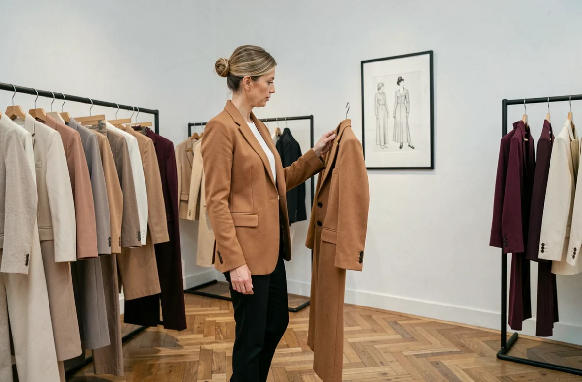 Boutique Zapa à Versailles avec une cliente inspectant un manteau prêt-à-porter féminin élégant